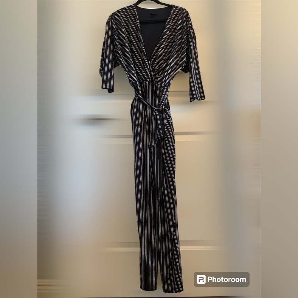 Express Women's Navy with white and maroon stripes Jumpsuit size large